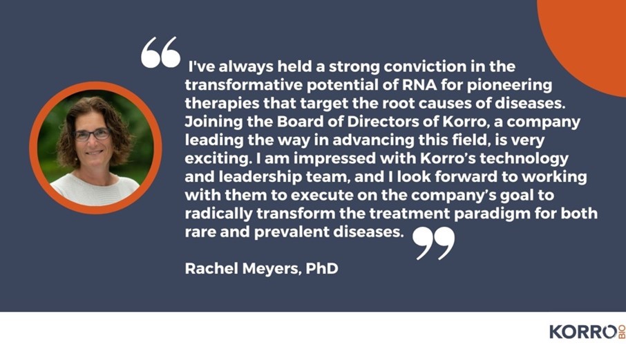 We are excited to welcome Rachel Meyers, PhD, to the Company’s Board of Directors as we advance our portfolio of RNA editing programs.

Read more in our press release: bitly.ws/33D4B

#RNAediting #KorroBio $KRRO