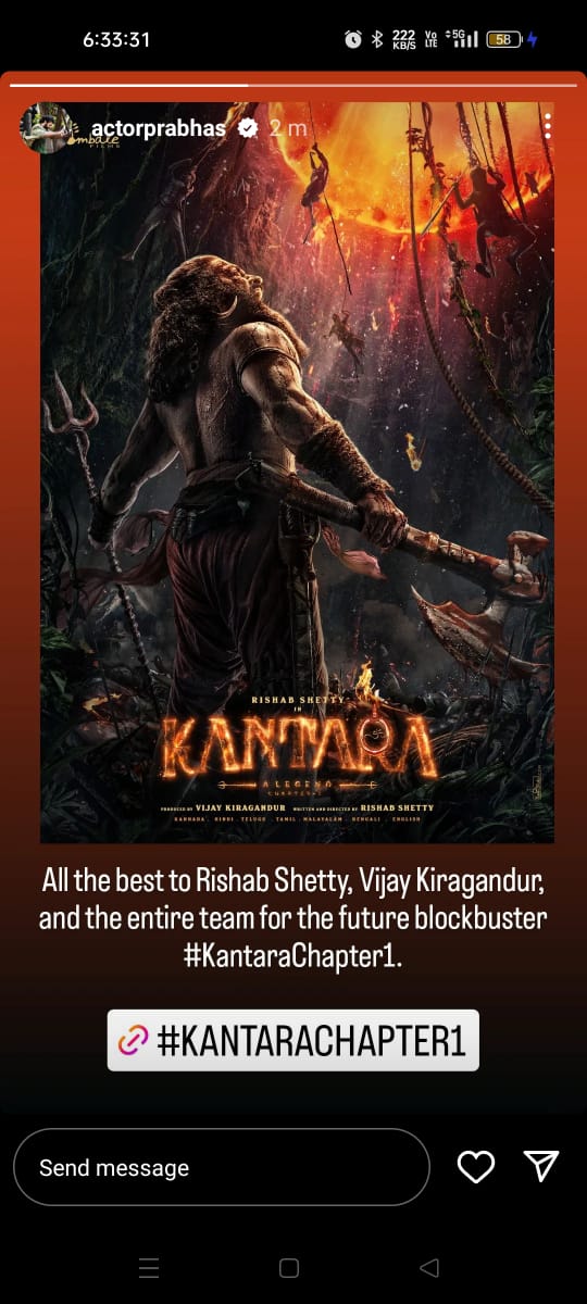 All the best to #RishabShetty, #VijayKiragandur & the entire team for future blockbuster #KantaraChapter1 

~ #Prabhas Via Instagram!! #Kantara