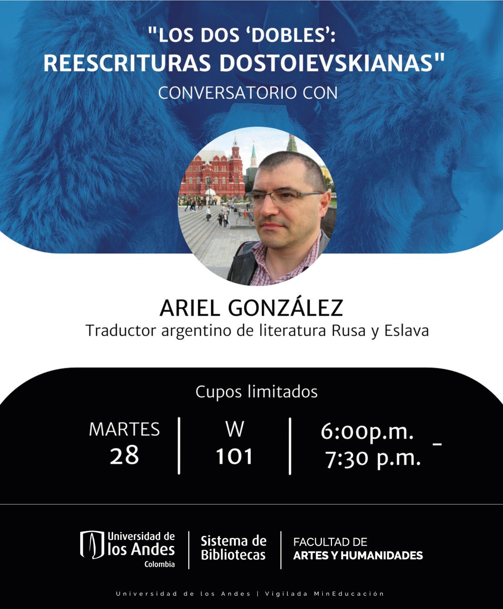 artehumUniandes's tweet photo. El semillero @laesquinaeslava y @Uniandesbiblio le invitan a tres eventos con invitados especiales: el eslavista argentino Alejandro Ariel González y los fundadores de @PoklonkaEd: Irina Luna y Santiago Pinzón 🗓️ 28 Y 29 DE NOVIEMBRE. Inscríbase aquí 👉🏽 https://t.co/1YnIb3d79f https://t.co/cRU3MJ9Jzy
