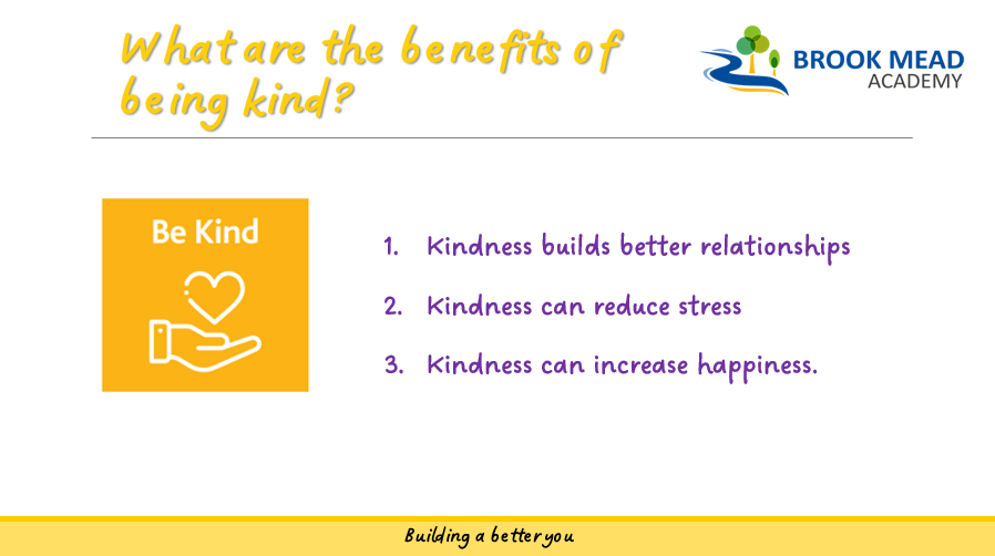 This week we are focusing on #beingkind. 
At Brook Mead Academy we model kindness in our everyday interactions with scholars. We will be focusing on random acts of kindness.

#BuildingBetterFutures #Buildingabetteryou