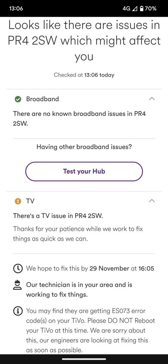 ShuttsyTheEgg's tweet photo. @virginmedia According to the service checker you are hoping to have this fixed by 4.05pm tomorrow. It will then be more than 48 hours without broadband or tv services working. But according to your service checker there is no issue with broadband https://t.co/EOEjgcGsSU