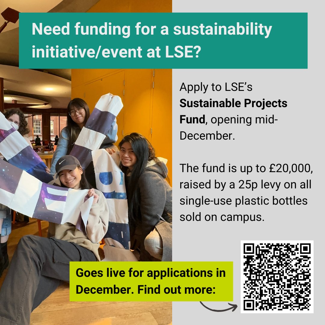 Do you have an idea for a sustainable initiative on campus? Apply to LSE's sustainability fund, managed by Sustainable Futures Society and LSE's Sustainability team🌍

Examples of previous projects: bit.ly/47xM470

Applications open 10 December ➡️bit.ly/3MsfhHR