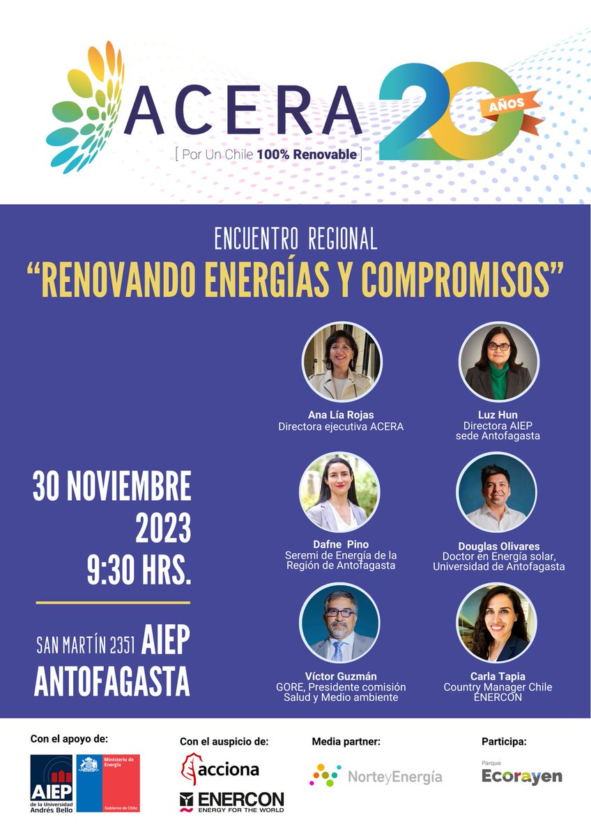 AiepAntofa's tweet photo. Quedan pocos días para este tremendo evento organizado @ACERAAG para su aniversario N°20 y que se realizará en #AIEPAntofagasta, con el apoyo de @AIEP y @energiaantof. 
Link de inscripción previa 👉 https://t.co/9yT4lJXVLW https://t.co/nJCckSwvmu