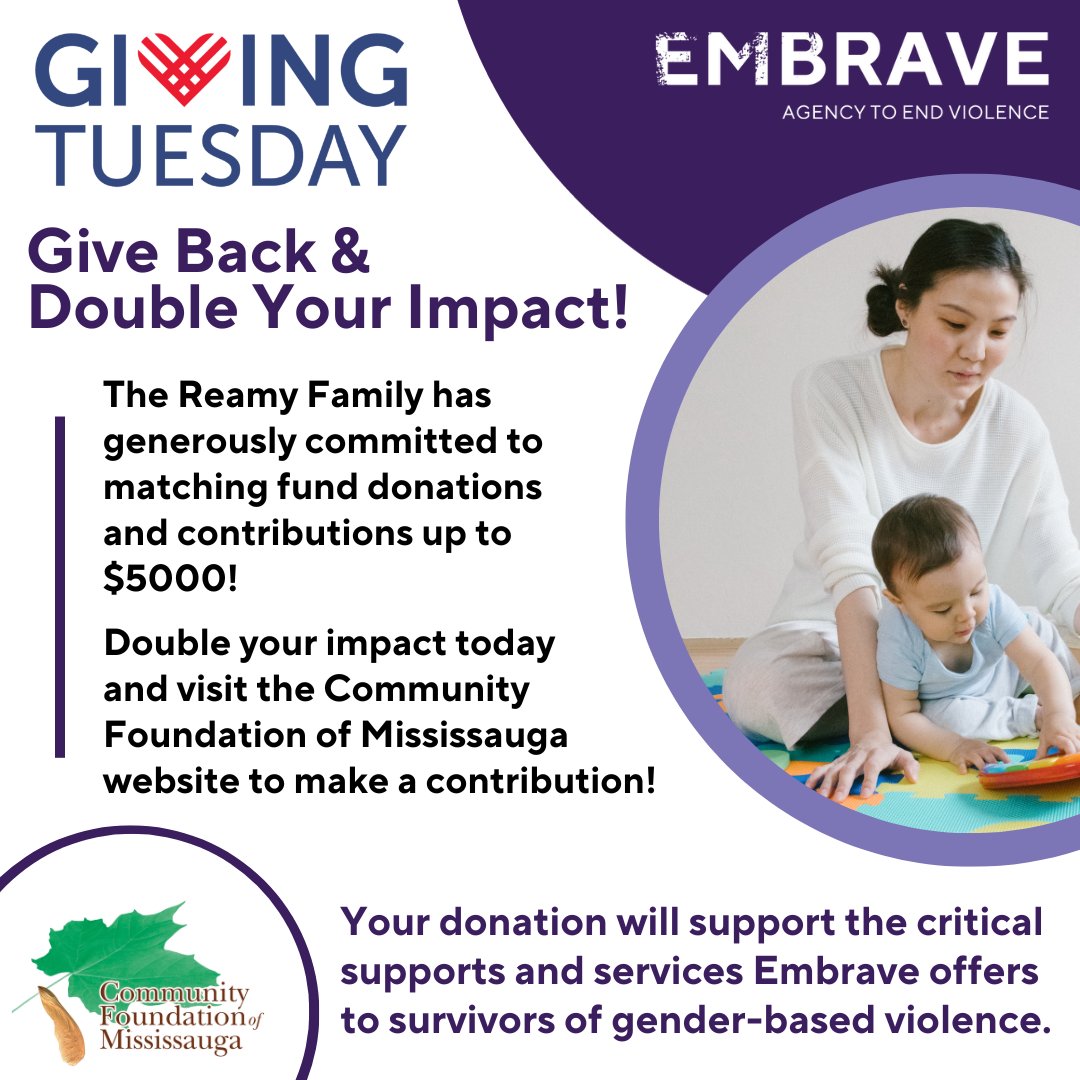 Double Your Impact this #GivingTuesday!

You can support survivors of gender-based violence and their children this GivingTuesday! 

The Reamy Family has generously committed to matching fund donations through the @CFofMississauga up to $5000!

To donate: shorturl.at/cglPU