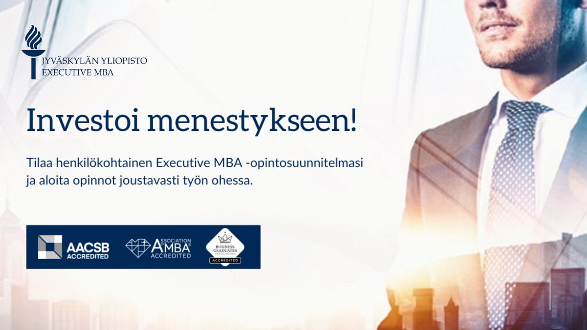Executive MBA on investointi tulevaisuuteesi. Valitse joustavin etenemisreitti menestykseen ja aloita #jyuemba opinnot emba.jyu.fi/fi/menesty-joh… #menestyjohtajana #johtaminen