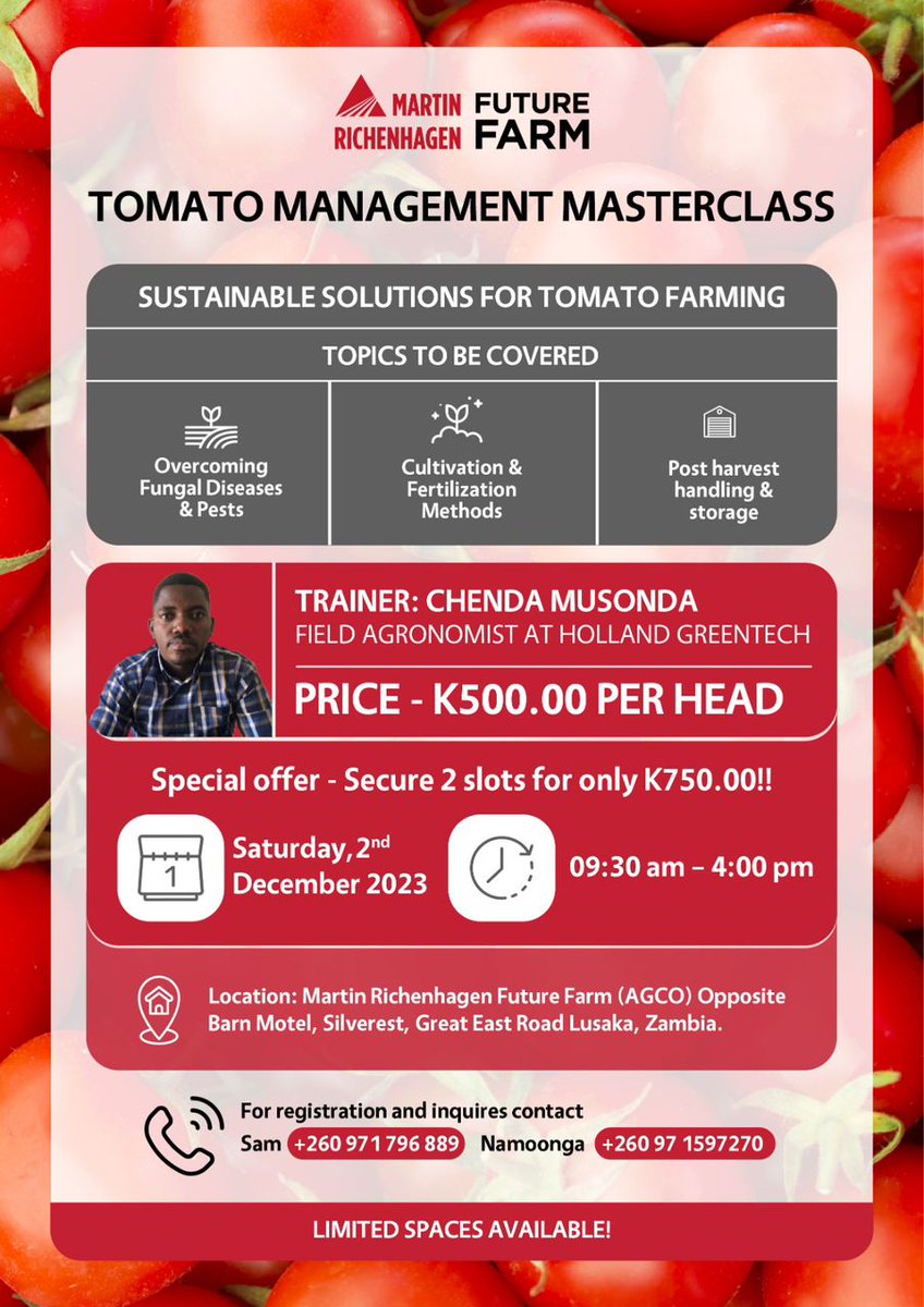 Did you know that for stronger and deep roots in tomato crops, you should water deeply but less frequently? Join us in the tomato masterclass this Saturday, the 2nd of December at the <a href="/_futurefarm/">Martin Richenhagen Future Farm</a>  and become a master at tomato growing. 
Reserve your slot today👉+260971597270