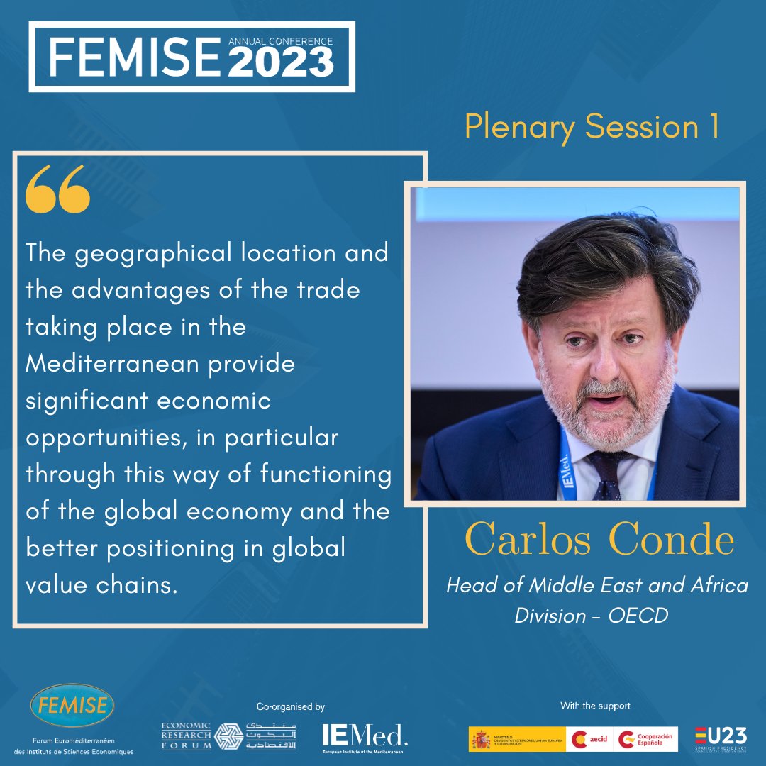 femisenetwork's tweet image. 🗣&quot;Geographical location &amp;amp; trade advantages of Mediterranean provide significant economic opportunities:functioning of global economy&amp;amp;better positioning in global value chains.&quot; said Carlos Conde,Middle East&amp;amp;Africa Head @OECD during #femise_ac2023 session1️⃣bit.ly/3R4O0gq