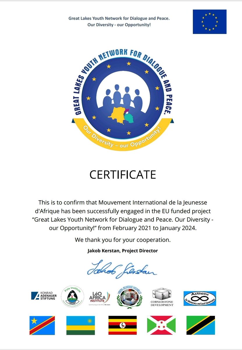 We are pleased to receive this certification document for our participation in the @4youthdialogue Peace project. we continued to bring our added values ​​for peace in the great lakes region. @UEenRDC @kaskongo @UAEEmbassyParis @BM_Afrique @julienpalukucom @Presidence_RDC