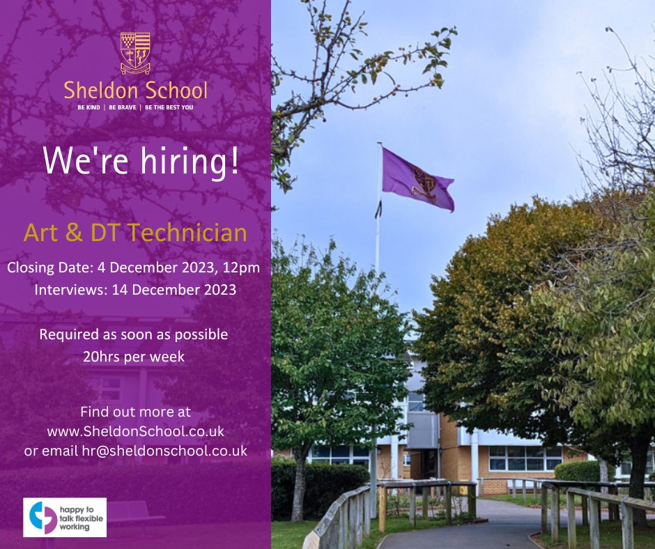 We're hiring! Would you like to join our school as an Art &amp; DT Technician? Find out more about this exciting opportunity on our website sheldonschool.co.uk/home/our-commu…