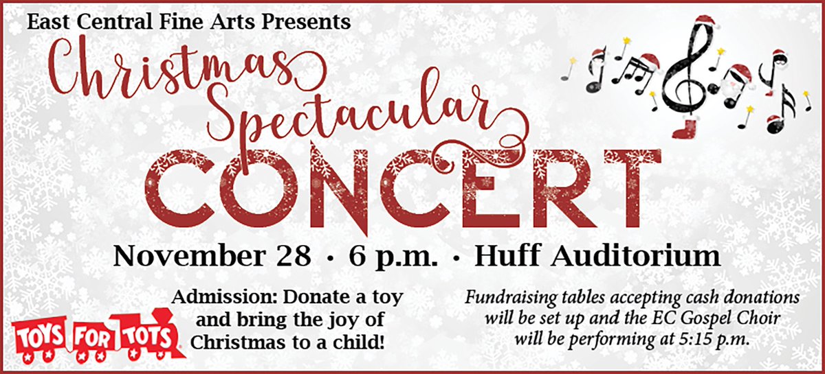 𝘾𝙃𝙍𝙄𝙎𝙏𝙈𝘼𝙎 𝙎𝙋𝙀𝘾𝙏𝘼𝘾𝙐𝙇𝘼𝙍! Join us on campus tonight at 6 p.m. for our Christmas Spectacular Concert! Come early and enjoy some caroling in front of Huff Auditorium! Don't forget to bring a toy to donate to Toys for Tots to get admission! #WithYouInMind