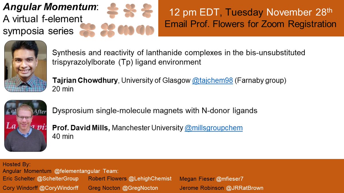 Live in 4 h! We have a late stage switch due to unforeseen events. Prof. Demir will speak in the spring, and we'll hear from <a href="/tajchem98/">Tajrian Chowdhury</a> (Farnaby group) &amp; <a href="/millsgroupchem/">MillsGroup</a>. See you @ 12 pm ET!
#fblock #chemtwitter <a href="/InorgChem/">Inorganic Chemistry</a> <a href="/DaltonTrans/">DaltonTransactions</a> <a href="/EurJIC/">EurJIC</a> <a href="/InorgChemFront/">InorgChemFront</a> <a href="/ACSINORDivision/">ACSINORDivision</a>