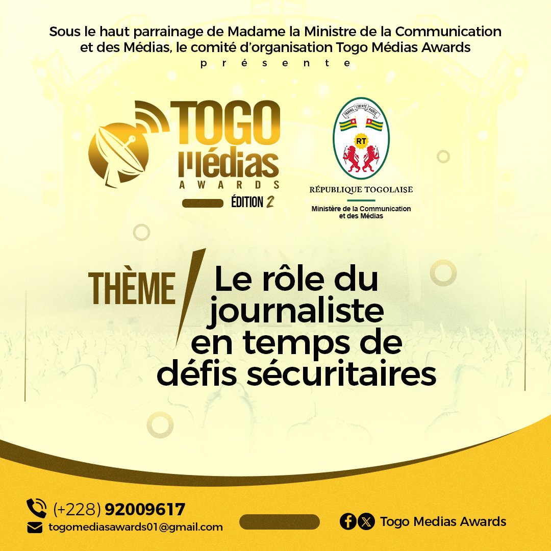 Le Togo Medias Awards, événement de récompense des acteurs de médias togolais fait son retour sous le haut parrainage de Mme la Ministre de la @CommunicationTg @YawaKouigan. Cette deuxième édition est placée sous le thème : Le rôle du journaliste en temps de défis sécuritaires.⬇️