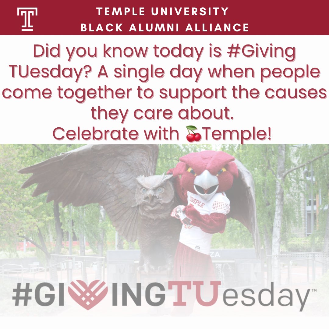 Join your fellow 🦉Owls and support Temple during this global celebration of philanthropy.

Use the 🔗 in our Bio for more information on the TUBAA Scholarship Fund #OwlsGiveTogether giving.temple.edu/givingtuesday