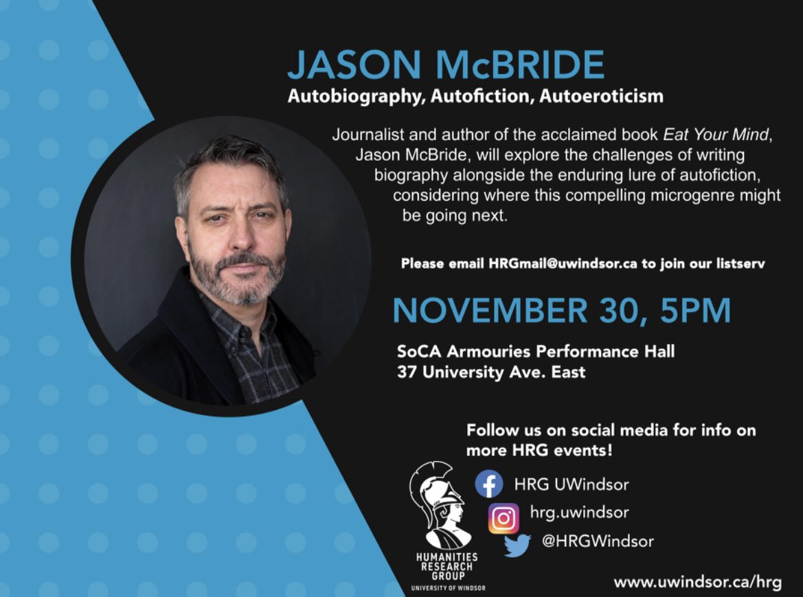 HRGWindsor's tweet photo. The HRG is excited to host Jason McBride for a talk on Thursday, November 30th, at 5 pm in the Armouries at 37 University Avenue East. 

Please help spread the word as HRG events are free and open to the public, featuring open dialogue and refreshments. https://t.co/JTzhIVTDGk