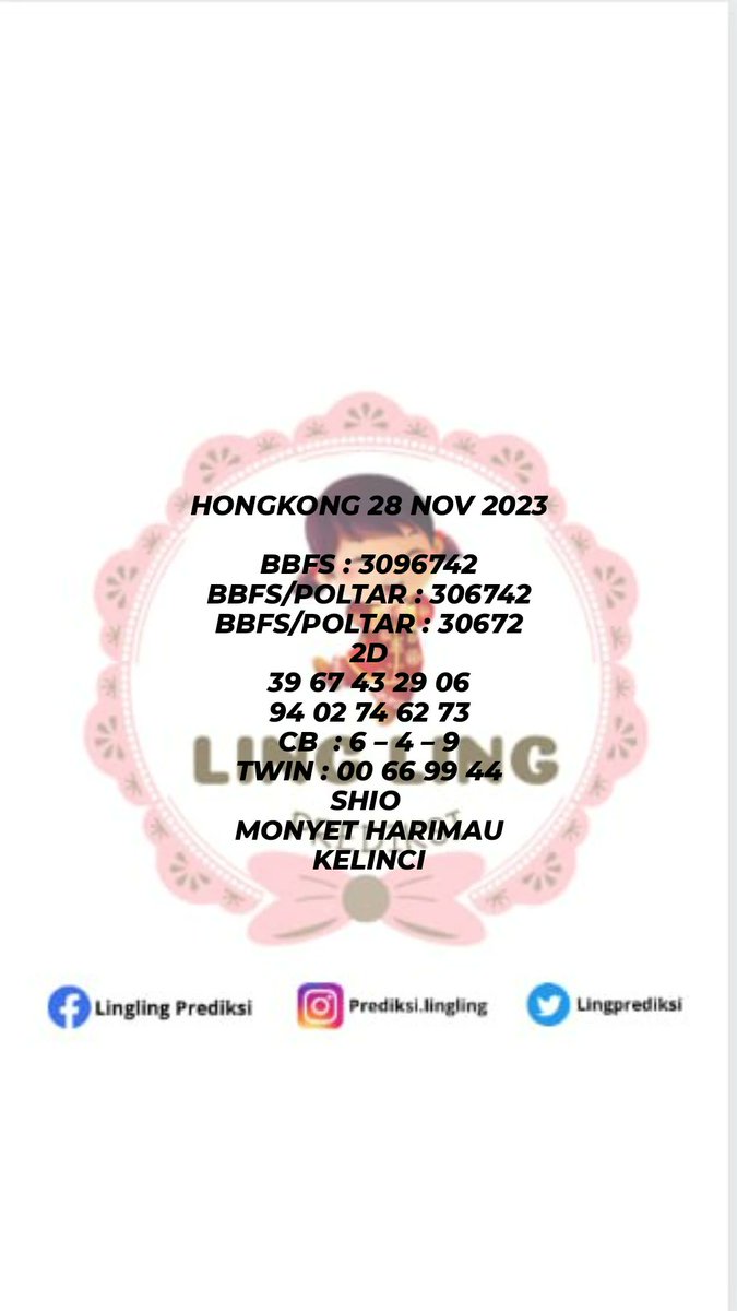 lingprediksi's tweet photo. PREDIKSI HONGKONG
28 NOV   2023

⚠️Tetap UPS⚠️
NO MAHAR | NO BERBAGI | 100%GRATIS
info pasaran lain chat saja GRATIS.

#togel #togelhk #togelonline #bocoranhk #kepritogel #togelterpercaya #togeljitu #togelakurat #angkajitu #bocoranhk #togelterbaik #angkabocoran #togelhariini https://t.co/TQhUV3BmI0