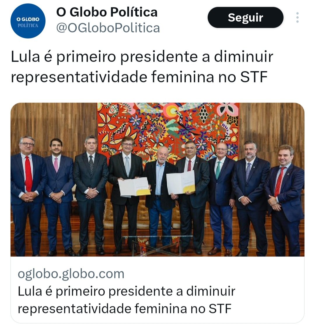 Apoio as mulheres, mas demito elas e mantenho Juscelino no cargo. Há, e não nomeio mulheres, Mas falo de apoio na hora de subir a rampa para a militancia identitaria nao encher o saco. Confia!" 😉
VOCE QUE FEZ O L FOI USADO!!!
VOCE QUE CONTINUA APOIANDO É GADO!