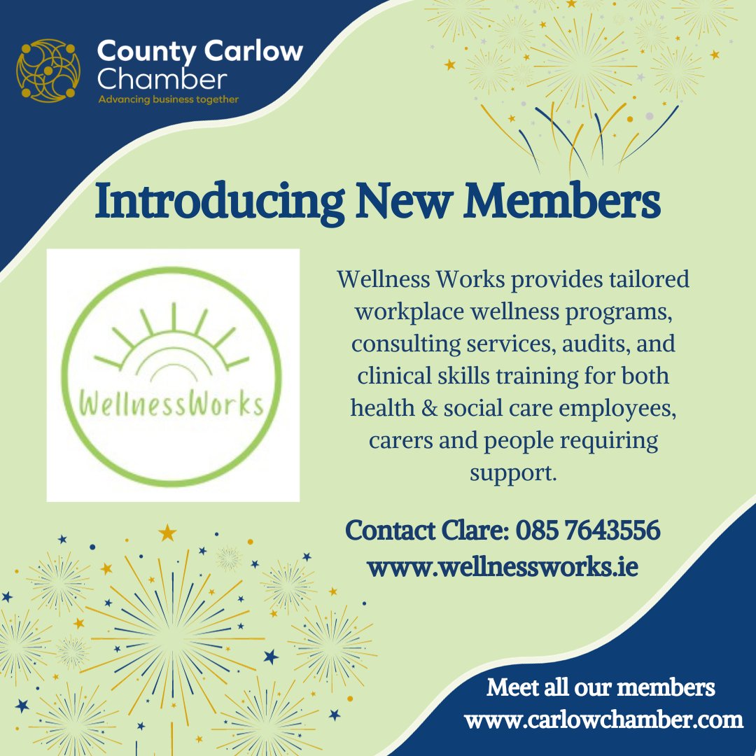 Welcoming Wellness Works to Carlow Chamber. Dedicated to promoting holistic well-being, managing absenteeism and fostering a positive culture; Wellness Works brings these well-being solutions directly to you, making it convenient and accessible for all. wellnessworks.ie