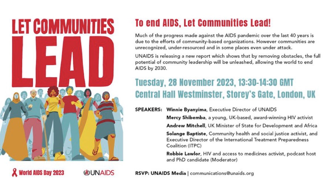 🚨Happening in 5 minutes! Join the live launch of the UNAIDS #WorldAIDSDay 2023 Report: Let Communities Lead. Discover how community leadership can pave the way to ending AIDS by 2030. 🗓️ 28 November 2023 ⏰13:30-14:30 GMT 💻 Live webcast: youtube.com/live/VcobMl__b…