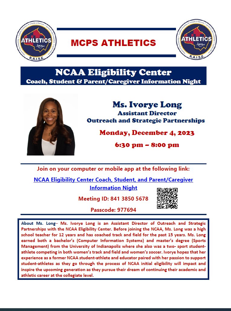 MCPS Athletics (@mcpsathletics) on Twitter photo MCPS Athletics in collaboration with <a href="/ncaaec/">NCAA Eligibility Center</a>
is hosting a virtual Information Night for coaches, parents, caregivers on Monday December 4, 2023 at 6:30 p.m. Please join us! <a href="/MCPS/">MCPS</a> <a href="/mcpsAD/">Jeff Sullivan</a> MCPS Athletics in collaboration with <a href="/ncaaec/">NCAA Eligibility Center</a>
is hosting a virtual Information Night for coaches, parents, caregivers on Monday December 4, 2023 at 6:30 p.m. Please join us! <a href="/MCPS/">MCPS</a> <a href="/mcpsAD/">Jeff Sullivan</a>