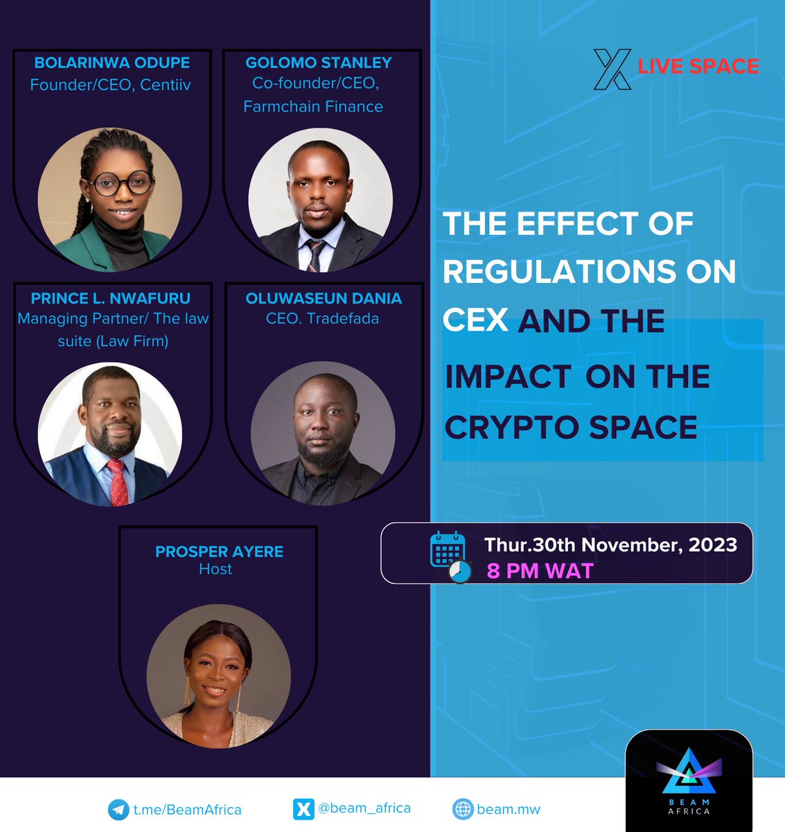 beam_africa's tweet photo. Speaking at this session are 
1. @PNwafuru, a Managing Partner at The Law Suite
2. @seundania, the CEO of Tradefada
3. @Gostallon, the Co-Founder/CEO at Farmchain Finance
4. @_bolarinwa, the Founder/CEO of Centiiv

The speaker list is 🔥 don’t miss this session! 

See you there🚀 https://t.co/5HORmmOSHL