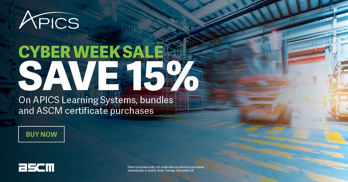 ascm_hq's tweet image. Time&apos;s running out to save 15% on all APICS learning systems, bundles and certificate programs. Use promo code CYBER2023 through today and start 2024 strong with the knowledge to give your career a boost. Buy today and save! bit.ly/47yF4GQ #supplychainmanagement #apics