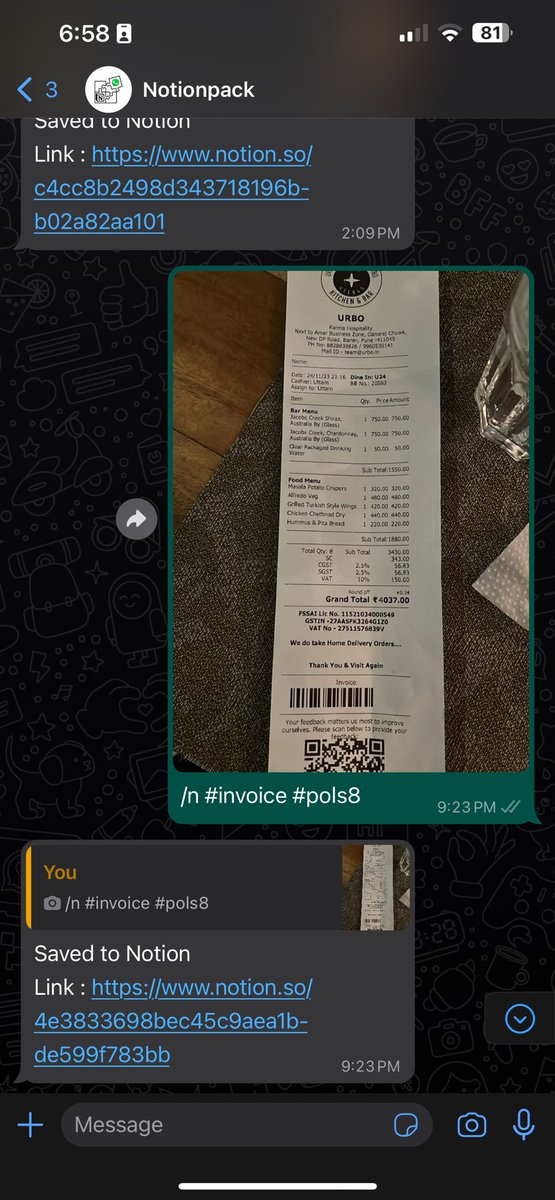 _ashishmohite's tweet image. What if you could just WhatsApp/Telegram those to your notion db? That’s what @notionpack helps you do 😊