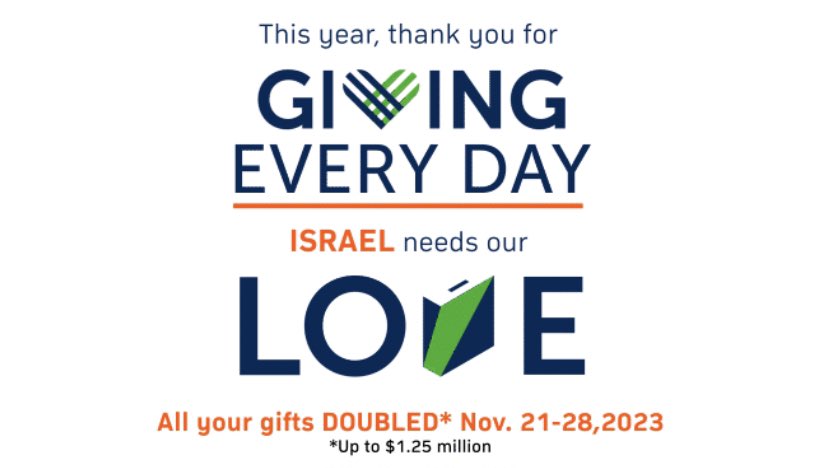 I am so proud to be working for JNF-USA at this time. All donations made today, Giving Tuesday, will be matched, up to $1.25 million dollars. Thank you for considering it and for giving somewhere today. 

Jewish National Fund - JNF-USA Donation Form: jnf.org/donorrelations