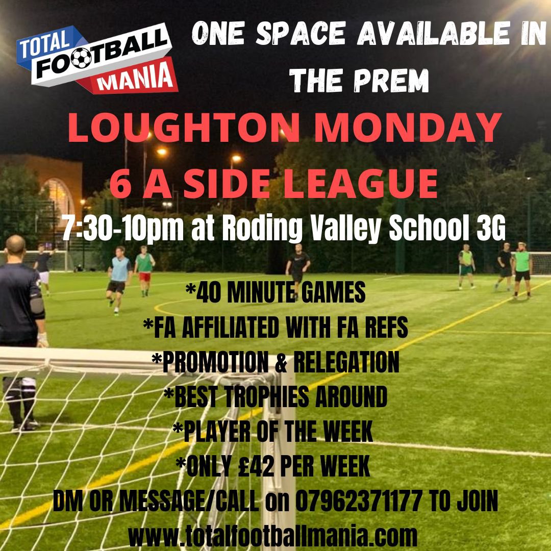 Theydon Green FC (@theydongreenfc) on Twitter photo Space available for new team over at <a href="/TotalFootballM/">Total Football Mania</a> Loughton Monday Prem League! Any teams interested please let us know asap! Best and most competitive league about ⚽️🏆 Space available for new team over at <a href="/TotalFootballM/">Total Football Mania</a> Loughton Monday Prem League! Any teams interested please let us know asap! Best and most competitive league about ⚽️🏆