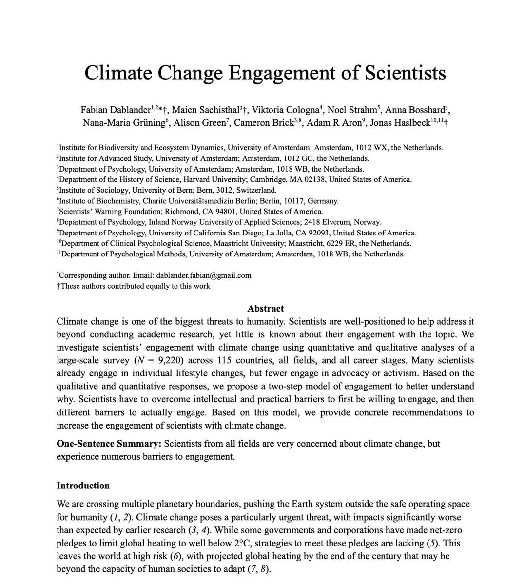 How do scientists and academics engage with climate change beyond research? What barriers to engagement do they perceive? In a new preprint, we investigate this using a survey of 9,220 scientists from all fields & career stages: osf.io/preprints/psya… @MaiSachis @jonashaslbeck