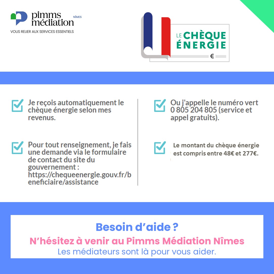 PIMMS_de_Nimes's tweet photo. Le chèque énergie permet de réduire vos factures d'énergie. 💡💵Il est compris entre 48 € et 277 €.
Aucune démarche n'est à effectuer, le chèque est envoyé automatiquement, une fois par an, aux personnes éligibles ! 📅
#chèqueénergie #médiation #énergie #pimmsmediation #nimes https://t.co/Ggw661GPVR