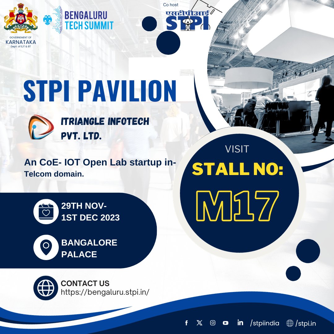 M/s. iTriangle Infotech Pvt. Ltd., an STPI-IoTOpenLab Start-up will exhibit Telematics domain products at STPI Pavilion, during #BTS2023. Visit Stall No. M17 for more insights from 29th Nov to 1st Dec 2023. @arvindtw @stpiindia @blrtechsummit