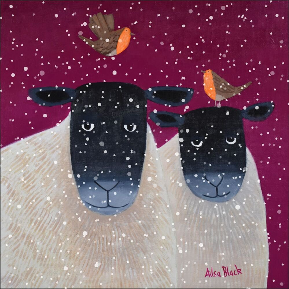 This years most popular Xmas card is these cheerful black faced sheep and robins. Not many packs left now! #Sheep #art #xmascard