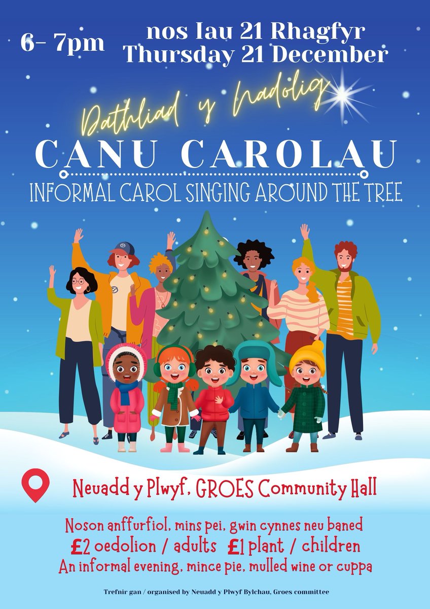 🎅🎄 Dathliad y Nadolig - Canu Carolau
nos Iau 21 Rhagfyr 6-7pm 
Neuadd y Plwyf #Groes yn dilyn llwyddiant llynedd!

 🎅🎄Informal Singing around the Christmas Tree at #Groes Parish Hall
6-7pm Thursday 21 December, following last year's success!

#croeso #cymuned
#welcome