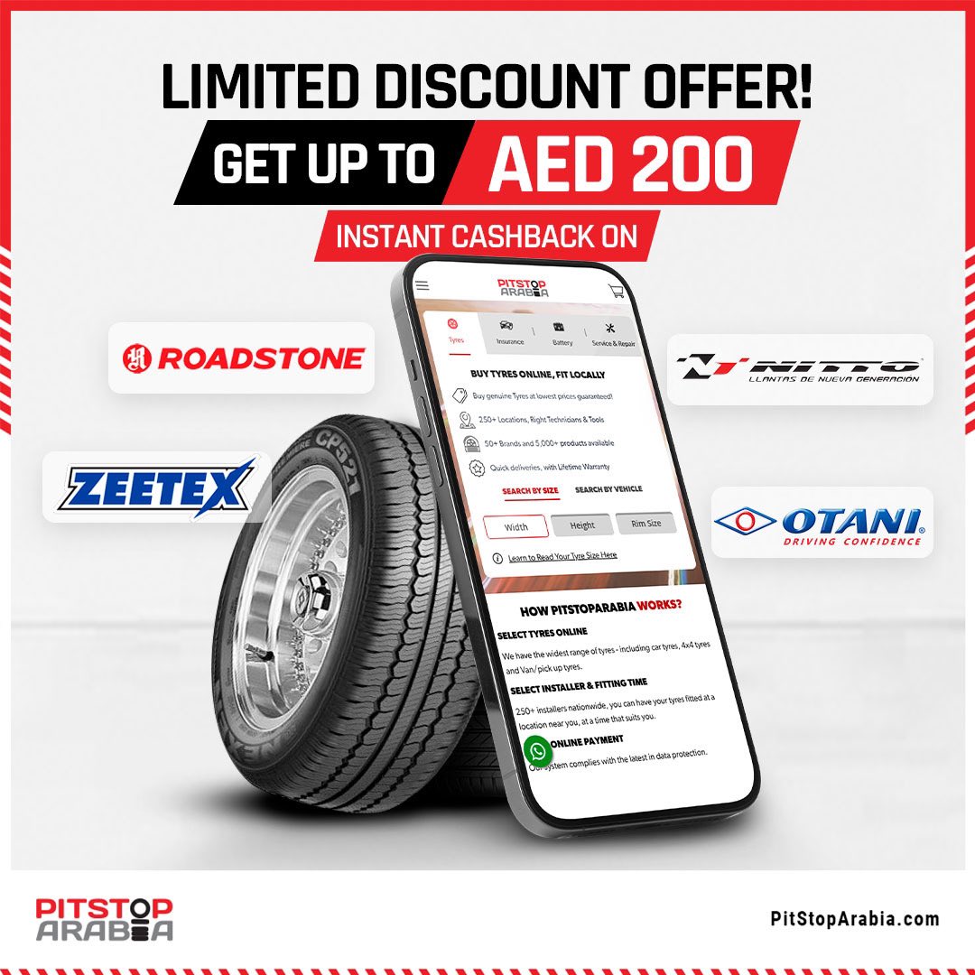 Cash in on safety and performance! Enjoy AED 200 cashback when you buy 4 new tyres.
For more details on how to avail this offer, visit our website at: pitstoparabia.com/en/offers/200a…
#pitstoparabia #Roadstone #Nitto #Zeetex #Otani #Cartires #Tirediscounts #Carecare #tirereplacement