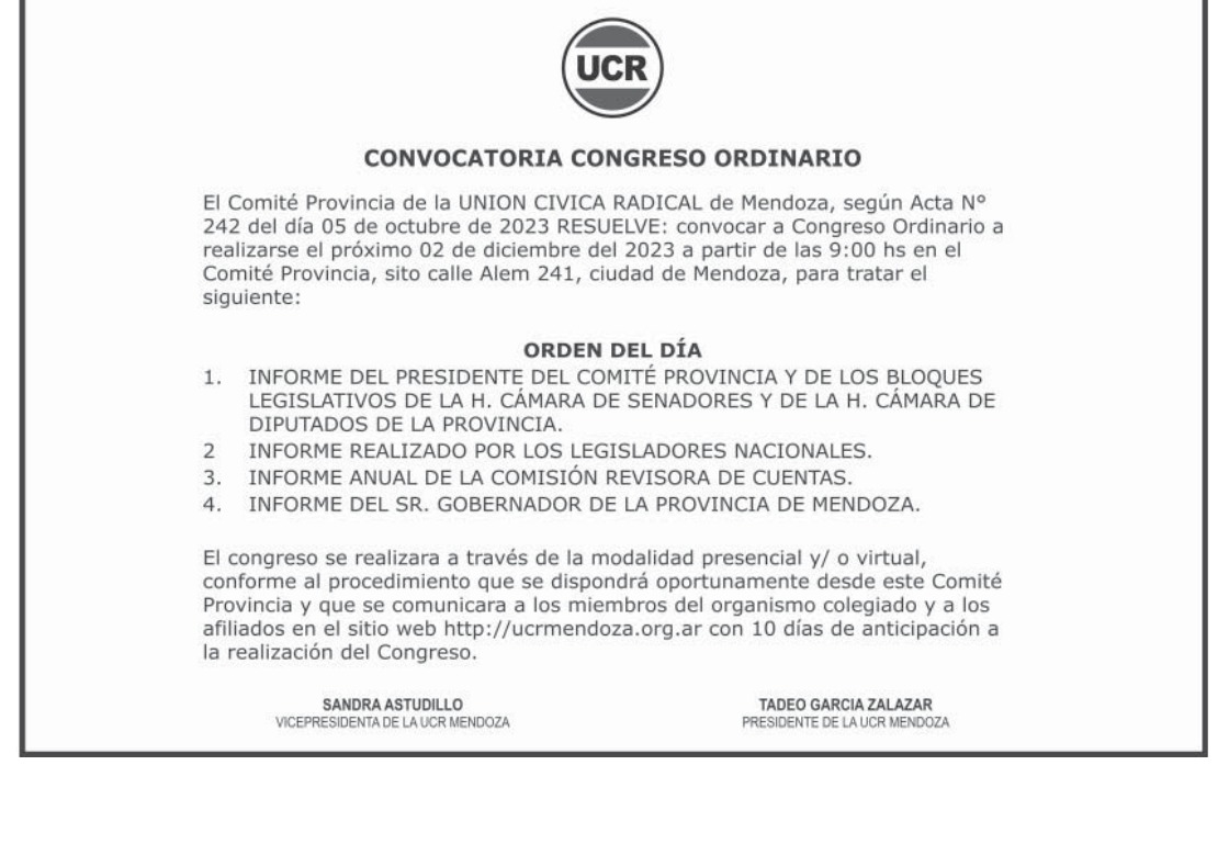 Estimados correligionarios: 

Los invitamos a participar del Congreso Anual Ordinario de la Unión Cívica Radical. 

El mismo se desarrollará de manera mixta presencial-virtual en la casa radical de Rivadavia, sito Wenceslao Nuñez 340 de la Ciudad de Rivadavia.