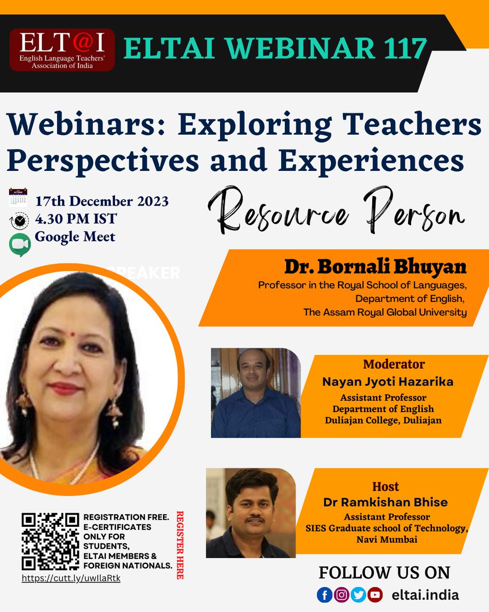Join us for an enlightening webinar on "Webinars: Exploring Teacher's Perspective and Experience" hosted by ELTAI! 🍎📚 Gain valuable insights into the world of online education as we delve into the teachers' viewpoints and experiences in the webinar on December 17, 2023, 4.30PM