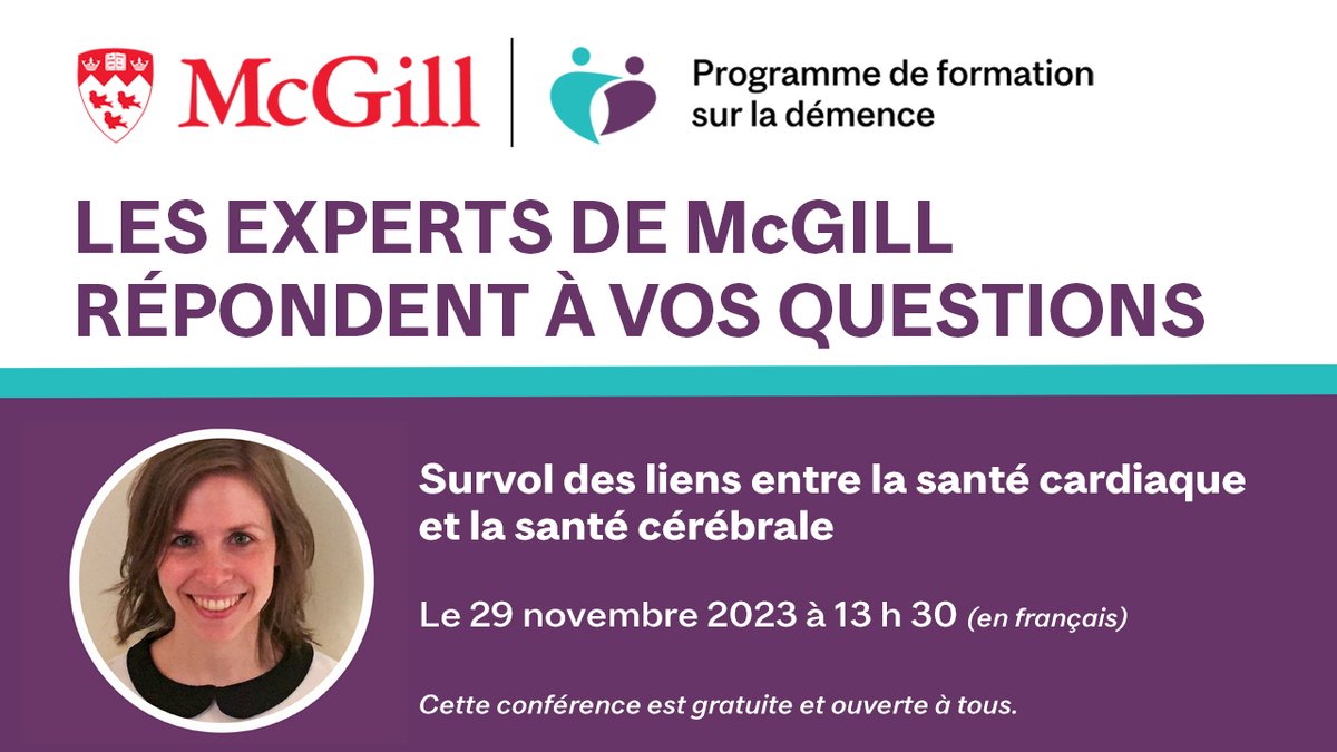 Soyez des nôtres! La Dre Catherine Talbot-Hamon explorera les multiples connections entre le #cœur et le #cerveau et donnera des conseils pour une santé optimales. mcgill.ca/x/ULK