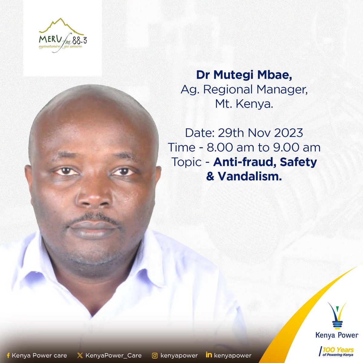 Dr. Mutegi Mbae, Ag. Regional Manager Mt. Kenya, takes the stage on @MeruFmOfficial's Tharia Ntuku, from 8.00 am to 9.00 am, shedding light on how we can empower our communities to safeguard against theft, fraud, vandalism, and public safety. Tune in! #KaaRada #EpukaNoma ^JC
