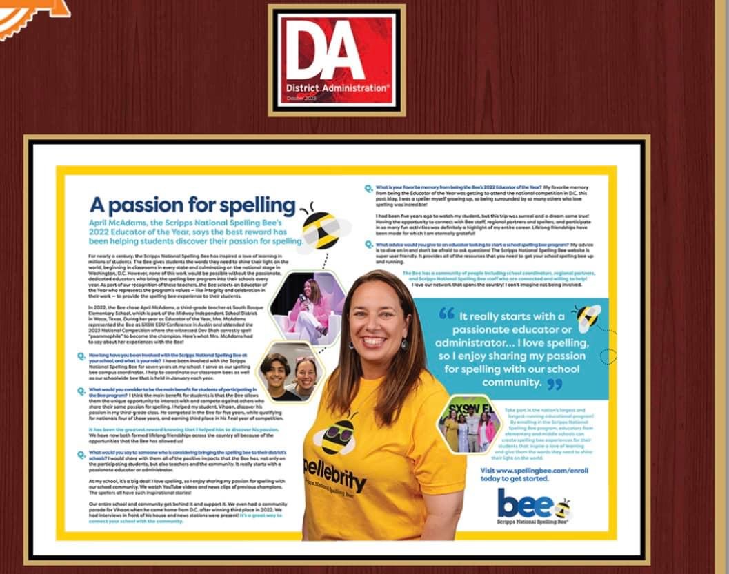A familiar face is featured in last month's District Administration magazine! South Bosque Third Grade Teacher April McAdams shared her experience after serving as the Scripp's National Spelling Bee Educator of the Year. 

districtadministration.com/wp-content/upl…