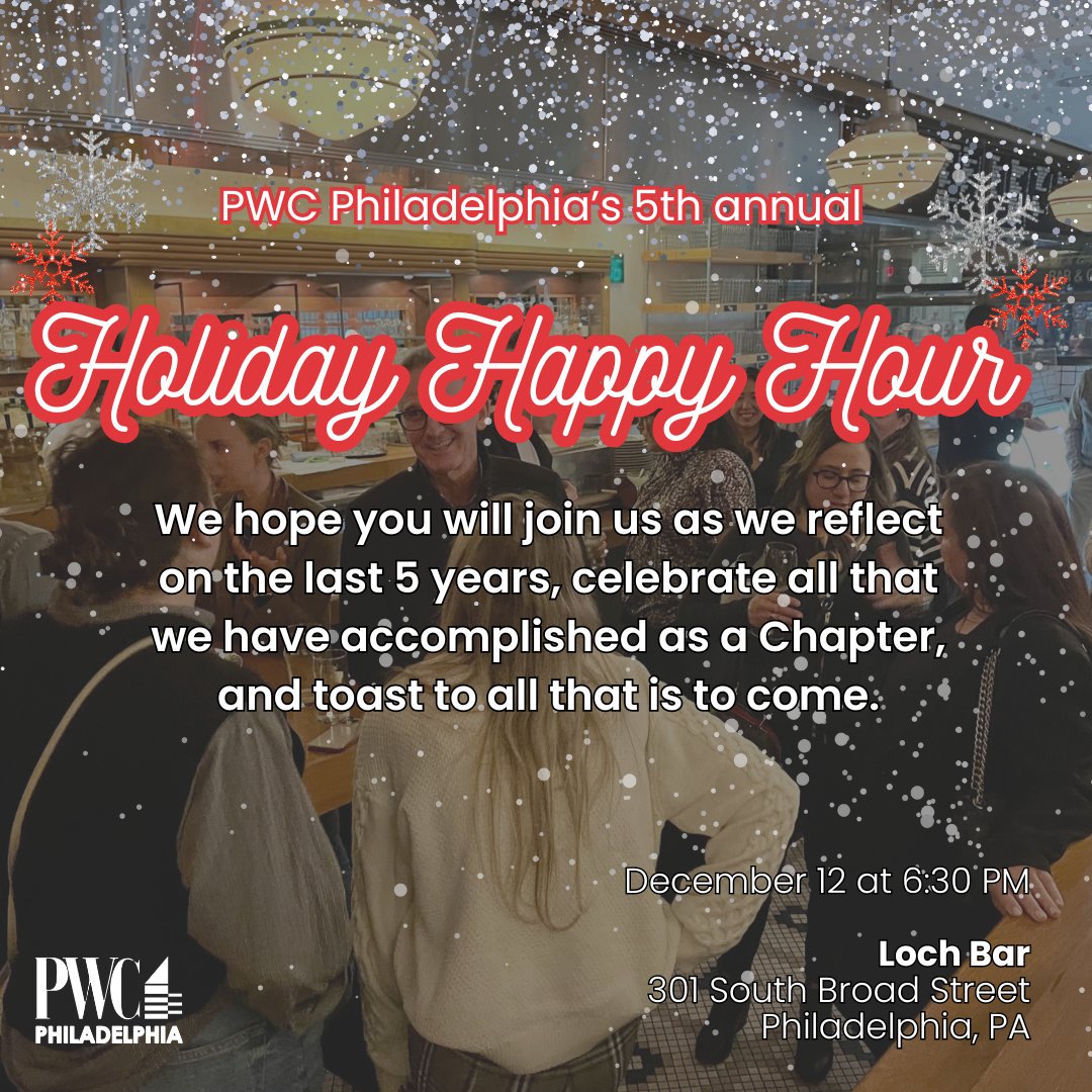 Join us for our 5th annual members-only PWC Holiday Happy Hour! You won't want to miss it! 

The party kick's off at 6:30PM at Loch Bar in Philadelphia. We can't wait to see you there!

Register here: pwc-philly.org/meetinginfo.ph…