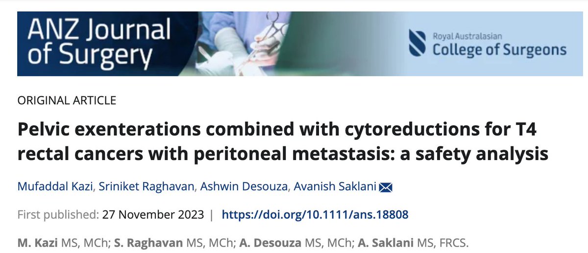 Read our study on combined pelvic exenterations and cytoreduction for T4 rectal cancers. Extensive surgery for aggressive cancers, is it worth? pubmed.ncbi.nlm.nih.gov/38012077/ @indepso @PSOGI_EC @escp_tweets @ACPGBI @ASCRS_1 @TataMemorial @ACTREC_TMC @ISUCRS1 @ColorectalDis