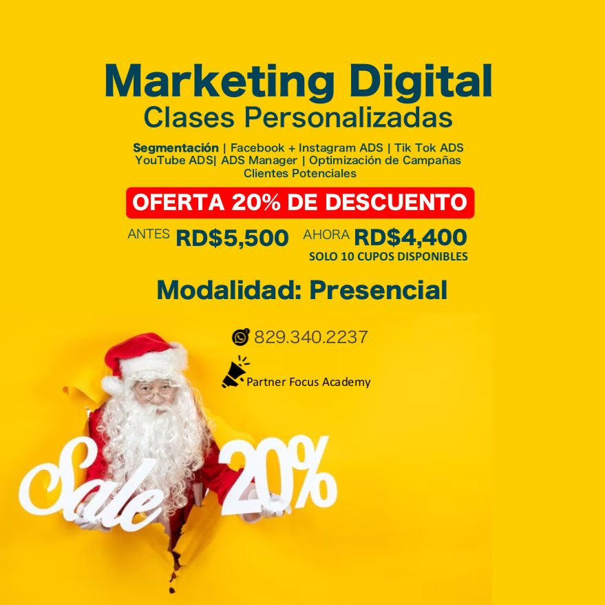 partnerfocus's tweet photo. 😍🔥🎊🎉 Clases Personalizada de Marketing Digital 𝗦𝗼𝗹𝗼 𝟭𝟬 𝗰𝘂𝗽𝗼𝘀 𝗱𝗶𝘀𝗽𝗼𝗻𝗶𝗯𝗹𝗲𝘀 Noviembre  𝟮𝟬𝟮𝟯
.
APRENDE a promover, posicionar, captar oportunidades de ventas y dar seguimiento de clientes.
Segmentación | Facebook ADS + Instagram ADS | Tik Tok ADS https://t.co/8sXqmTk6Fm