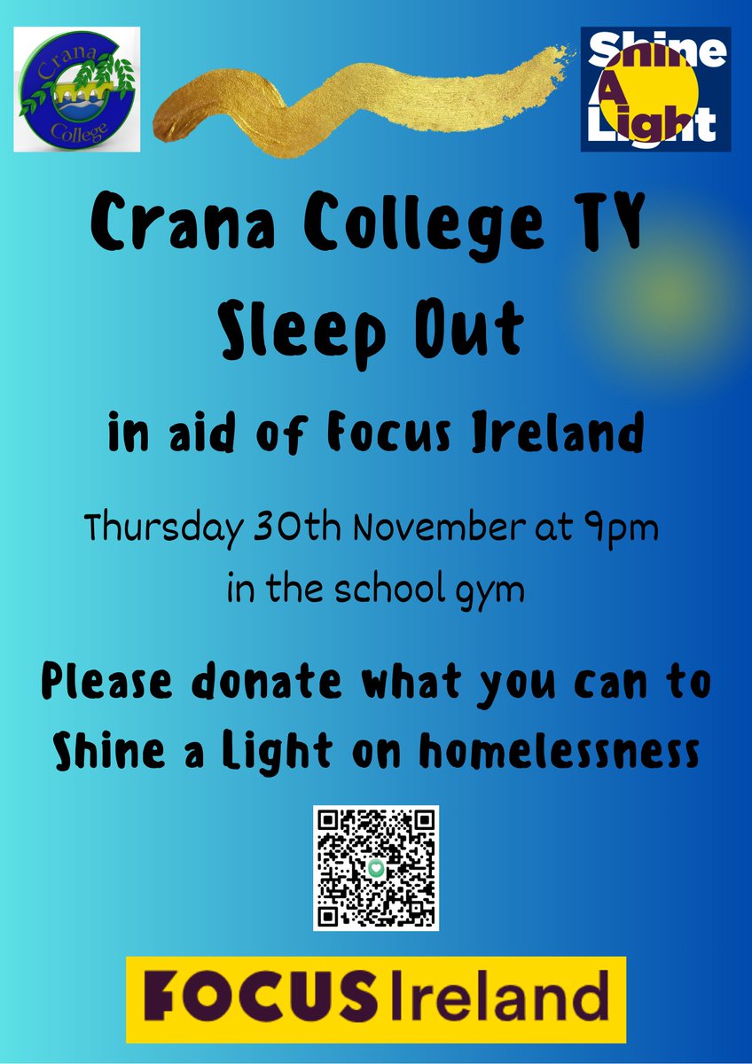 CranaCollege_TY's tweet photo. Crana College are holding a Sleep Out 🏕 in aid of Focus Ireland for Transition Year students in the school gym on Thursday 30th November from 9pm. Please donate what you can to shine a light on homelessness at https://t.co/6OTNqZn0M1. 😊 #care #community #respect #equality https://t.co/w9sGcEEExw