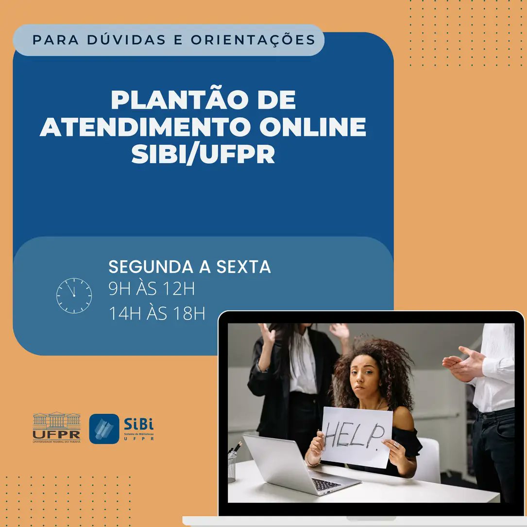 sibiufpr's tweet photo. Está com dúvidas sobre serviços das bibliotecas do SiBi/UFPR?
Procure nossa equipe de Plantão de Atendimento Online!
⏰ Horário de atendimento: 2ª a 6ª - 9h às 12h e das 13h às 18h
Como acessar? Siga nosso tutorial no link: https://t.co/om2ursNkD2 https://t.co/pJQ9iXrfvD