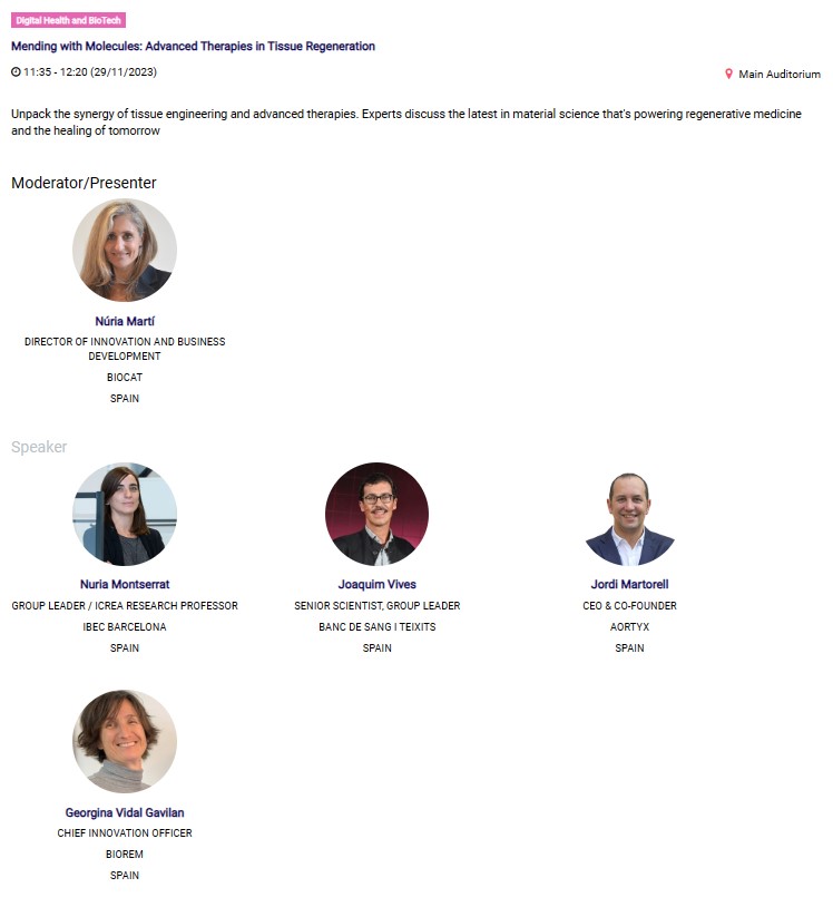 biocat_bioregio's tweet image. ➡️ &quot;Reparant amb Molècules: Teràpies Avançades en Regeneració de Teixits&quot;, demà a #BarcelonaDeepTechSummit!

🗣️ Núria Montserrat @IBECBarcelona, Joaquim Vives @donarsang, Jordi Martorell #Aortyx, Georgina Vidal #BIOREMbiomedical i Núria Martí #Biocat.

🔗 tuit.cat/8rYlj