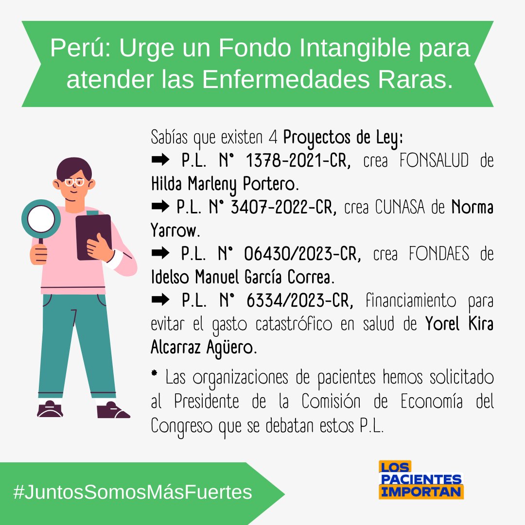 los_pacientes's tweet photo. 🆘Hay 4 proyectos de ley sobre crear un fondo intangible para atender las #EnfermedadesRaras en @ComEconomia_ de @congresoperu SIN debatirse:
➡ 1378-2021-CR de Marleny Portero.
➡ 3407-2022-CR de Norma Yarrow.
➡ 06430/2023-CR de Idelso García.
➡ 6334/2023-CR de Yorel Alcarraz. https://t.co/mRtYXFkuB6
