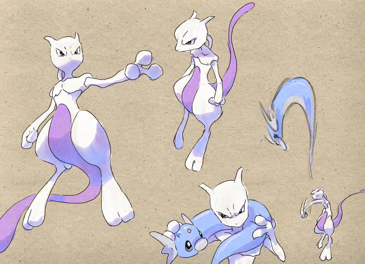 mewtwo pokemon (creature) multiple views no humans closed mouth brown background black eyes standing  illustration images