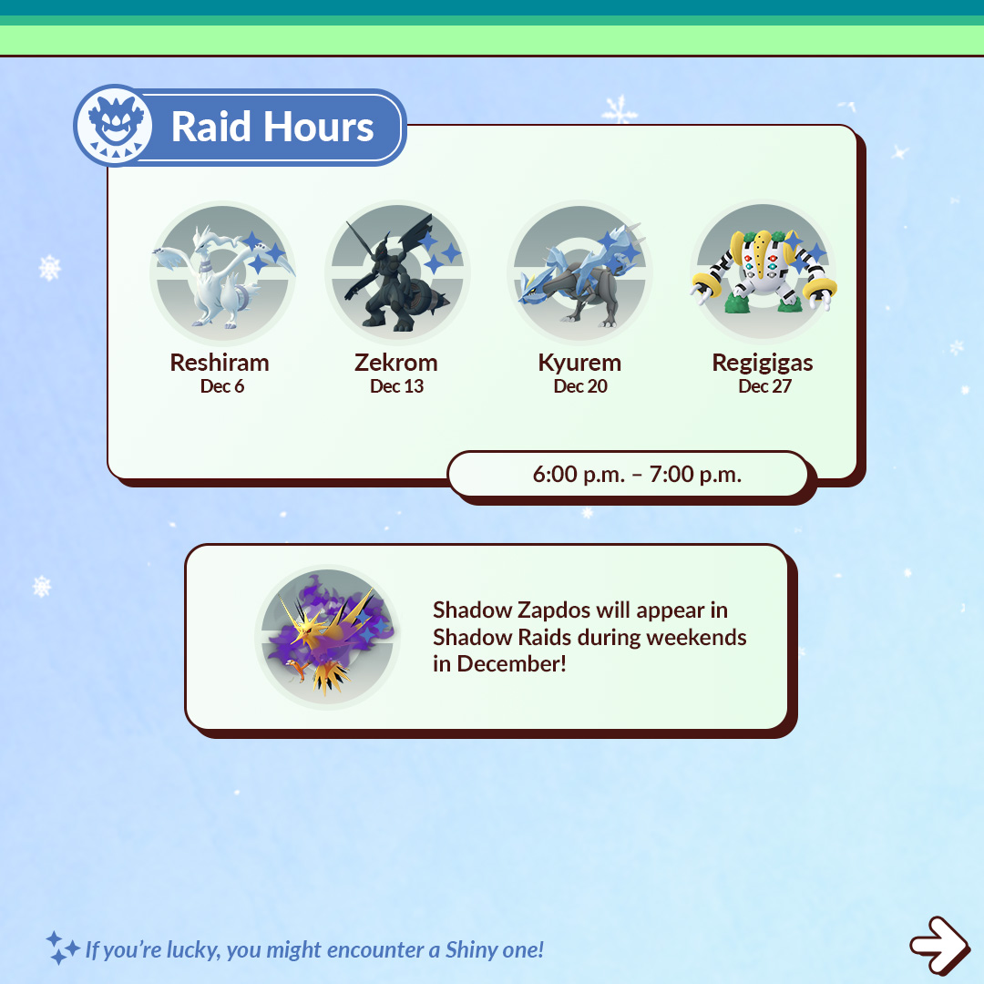 PokemonGOHubNet's tweet photo. Trainers! The December 2023 Events Schedule is finally here! Read the full details on GO Hub ➡️ https://t.co/heXuz8wb9H

✨ Shiny Vanillite
🌟 December 2023 Community Day
🪨 Season of Timeless Travels
⚔️ Amazing raid bosses!

...and so much more! Hype! https://t.co/FrbYO3F2KH
