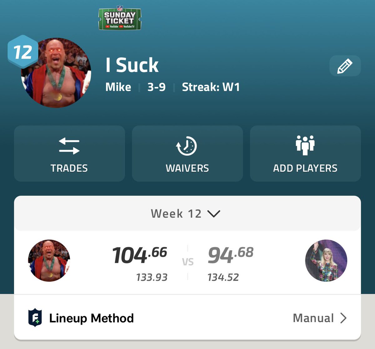 Mike_Campbell31's tweet image. I was 2-9 going into this game against @HEELWUESTEWALD and I figured I’d just fully embrace how much I suck this year… I changed my team name and logo, accordingly.

Thanks @RealKurtAngle for inspiring me to embrace sucking and turning it into a positive. 🥹 #YouSuck #OhItsTrue