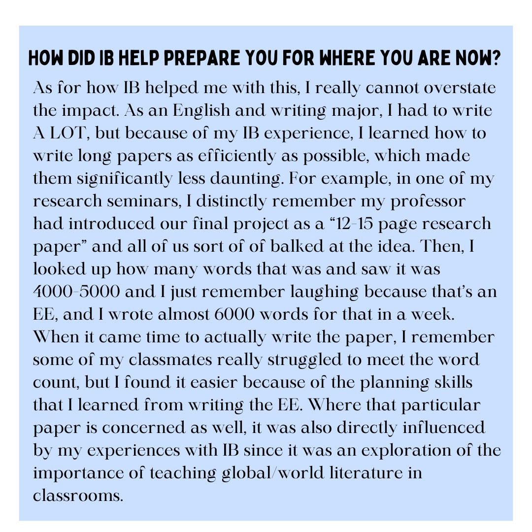 Our alumni spotlight is Adrienne Stallings, class of 2019. Adrienne has some great things to say about how IB helped her advance and about the benefits of the EE!